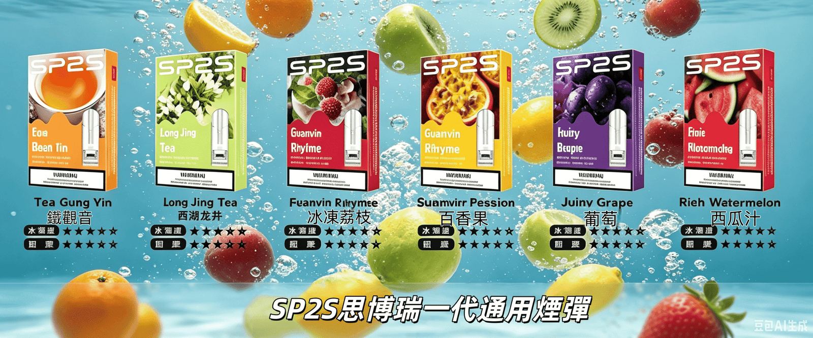 SP2S思博瑞一代通用煙彈全口味展示，西湖龍井、鐵觀音、荔枝、西瓜、百香果等16款水果茶煙彈